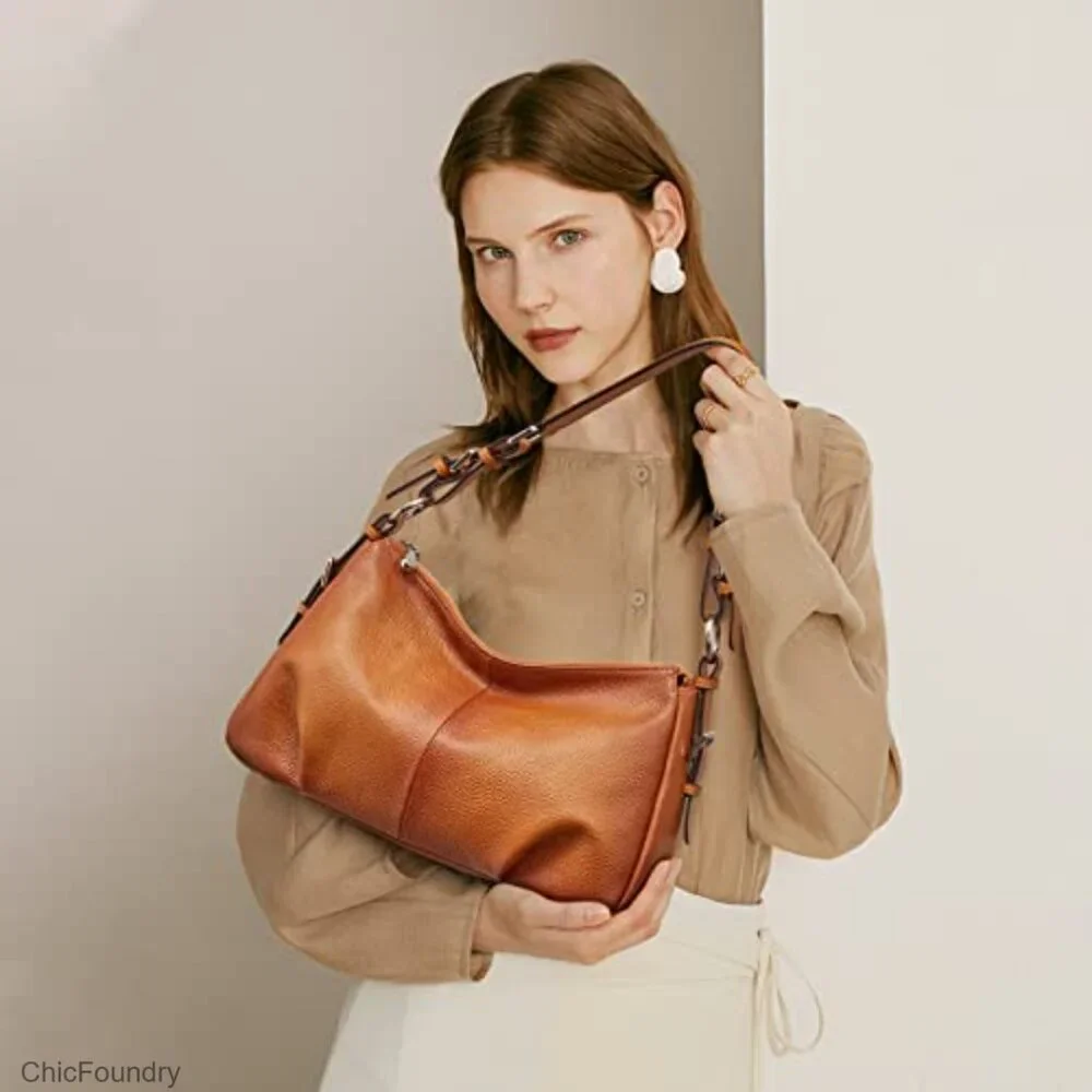 Genuine Leather Hobo Shoulder Bag with Adjustable Strap, Top Handle